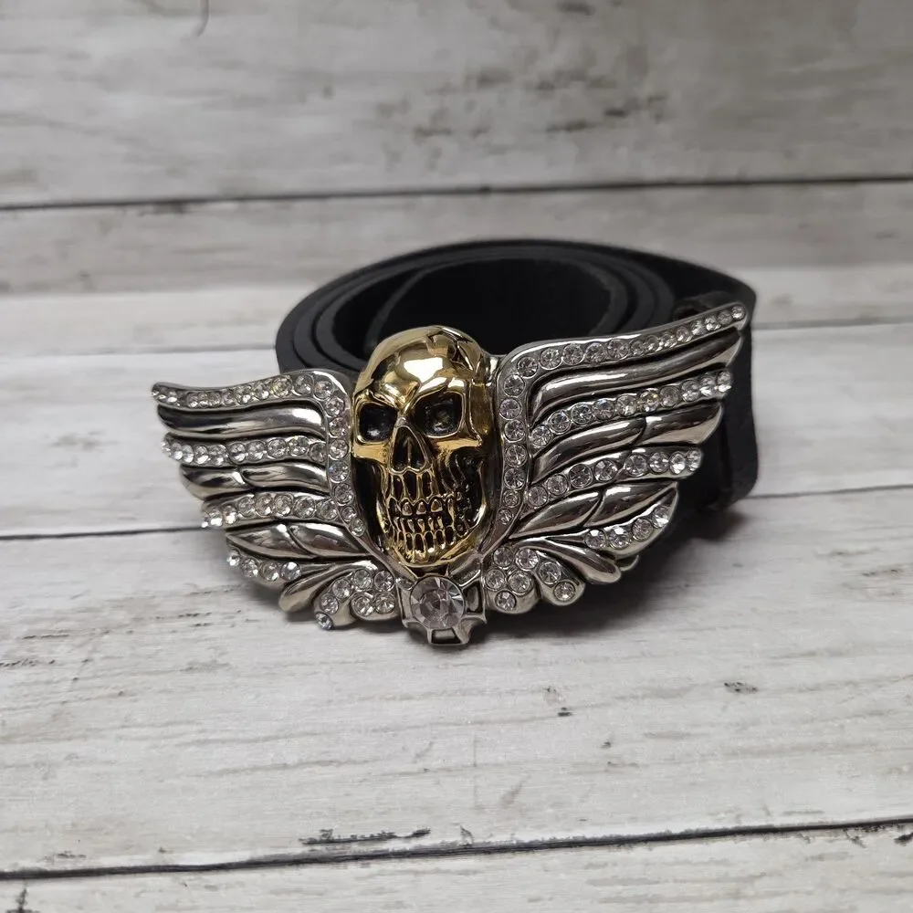 Washed Up Hollywood Gold Skull Rhinestone Winged Belt Genuine Leather Made USA